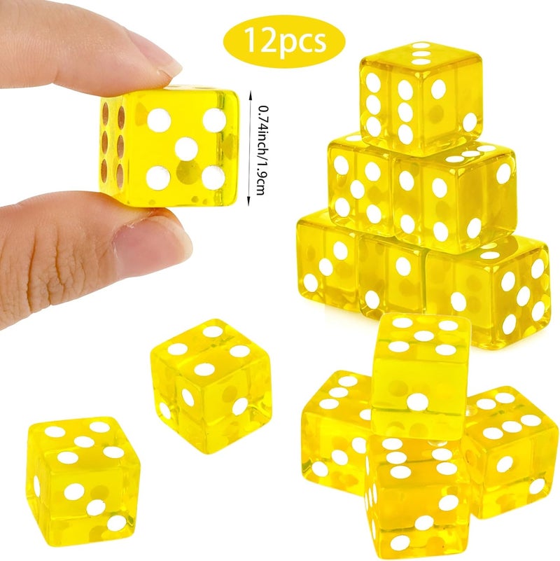Abilat 12 Pieces 19mm Casino Dice Set Acrylic Translucent 6 Sided Game Dices Square Corner Dice for Casino Vegas Theme Birthday Party Supplies Board Games Table Games (Yellow) - Image 2